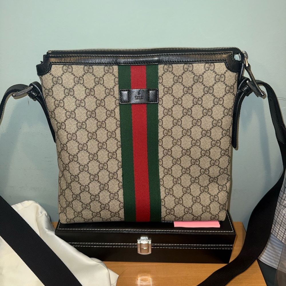 Gucci Brown and Black Messenger Bag with Iconic Monogram